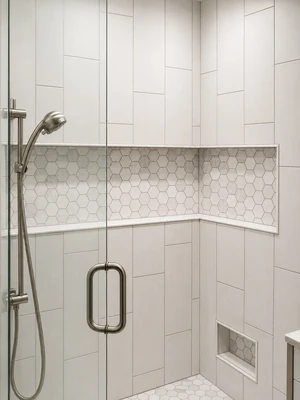 Custom bathroom shower with white tile and hex tile accent by KNA Remodeling