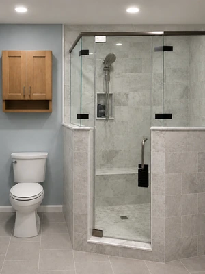 Walk-in shower remodel with glass enclosure and tile by KNA Remodeling