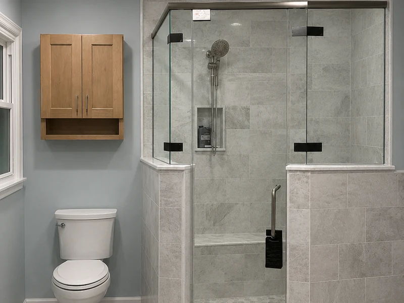 Walk-in shower remodel with glass enclosure, tile walls, and built-in shower bench by KNA Remodeling