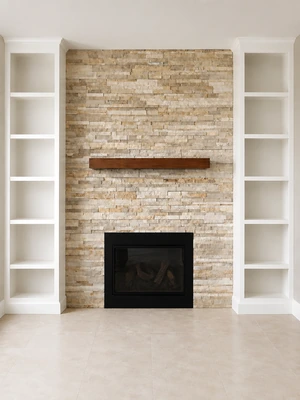 Stone fireplace feature wall with built-in shelving by KNA Remodeling