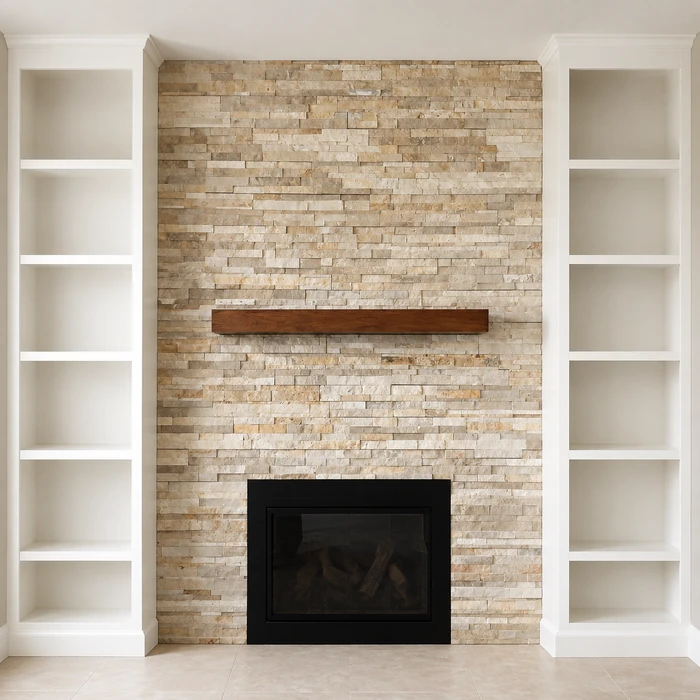 Stone fireplace feature wall with wood mantel and built-in shelving by KNA Remodeling