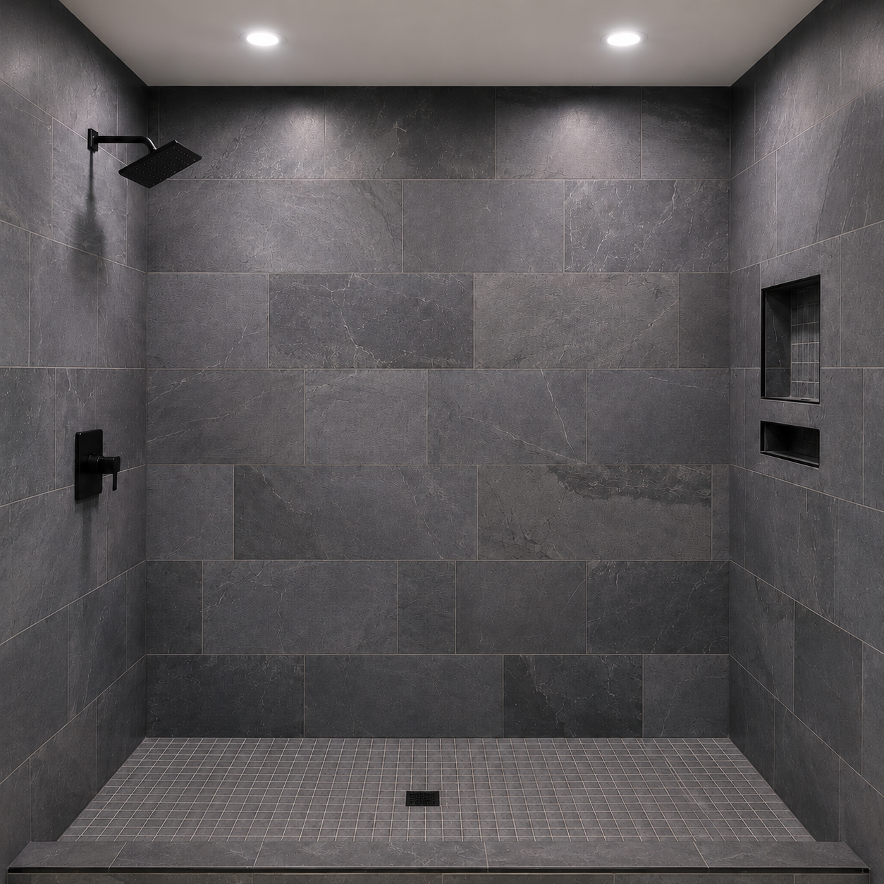 Rectangular walk-in shower with dark gray tile walls, black shower fixtures, built-in wall niches, and gray mosaic shower floor