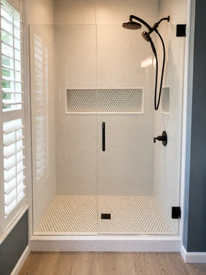 Walk-in shower with custom tile, recessed niche, black fixtures, and glass enclosure by KNA Remodeling